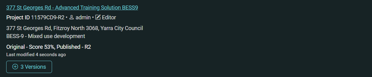 Screenshot of Projects page showing example project with three versions