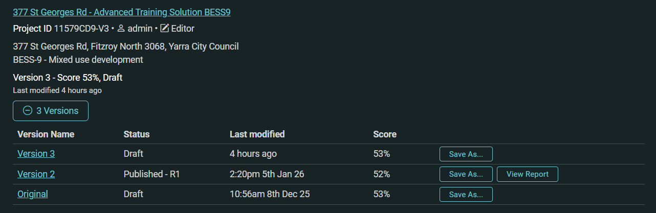 Projects page showing example project with three versions expanded