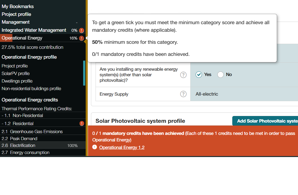 screenshot of a BESS project sidebar - Operational Energy score is 16% and credit 1.2 shows an exclamation mark.