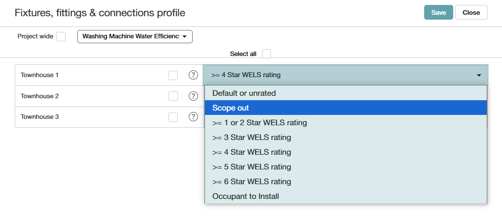screenshot showing the options for washing machine water efficiency, including scope out.