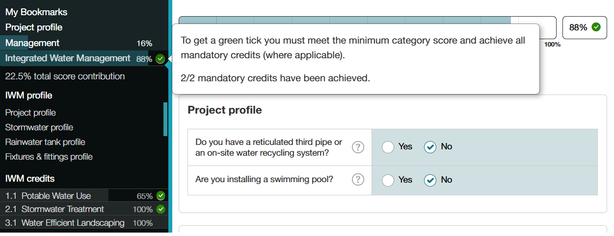 screenshot of a BESS project sidebar - IWM score is 88% and credits 1.1 and 2.1 show a green tick.