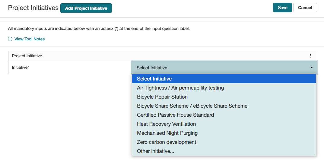 screenshot of the Innovation Project Initiatives editor grid, showing the dropdown options