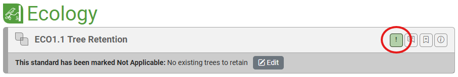 Screenshot showing location of Not Applicable in heading of a standard