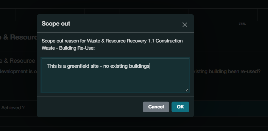 screenshot showing the scope out reason, in this case the reason is "This is a greenfield site - no existing buildings".